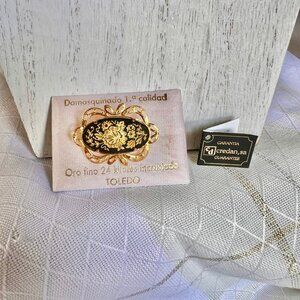 Vintage Spanish Damascene Toledo Gold Engraved Inlay Flower Brooch Pin